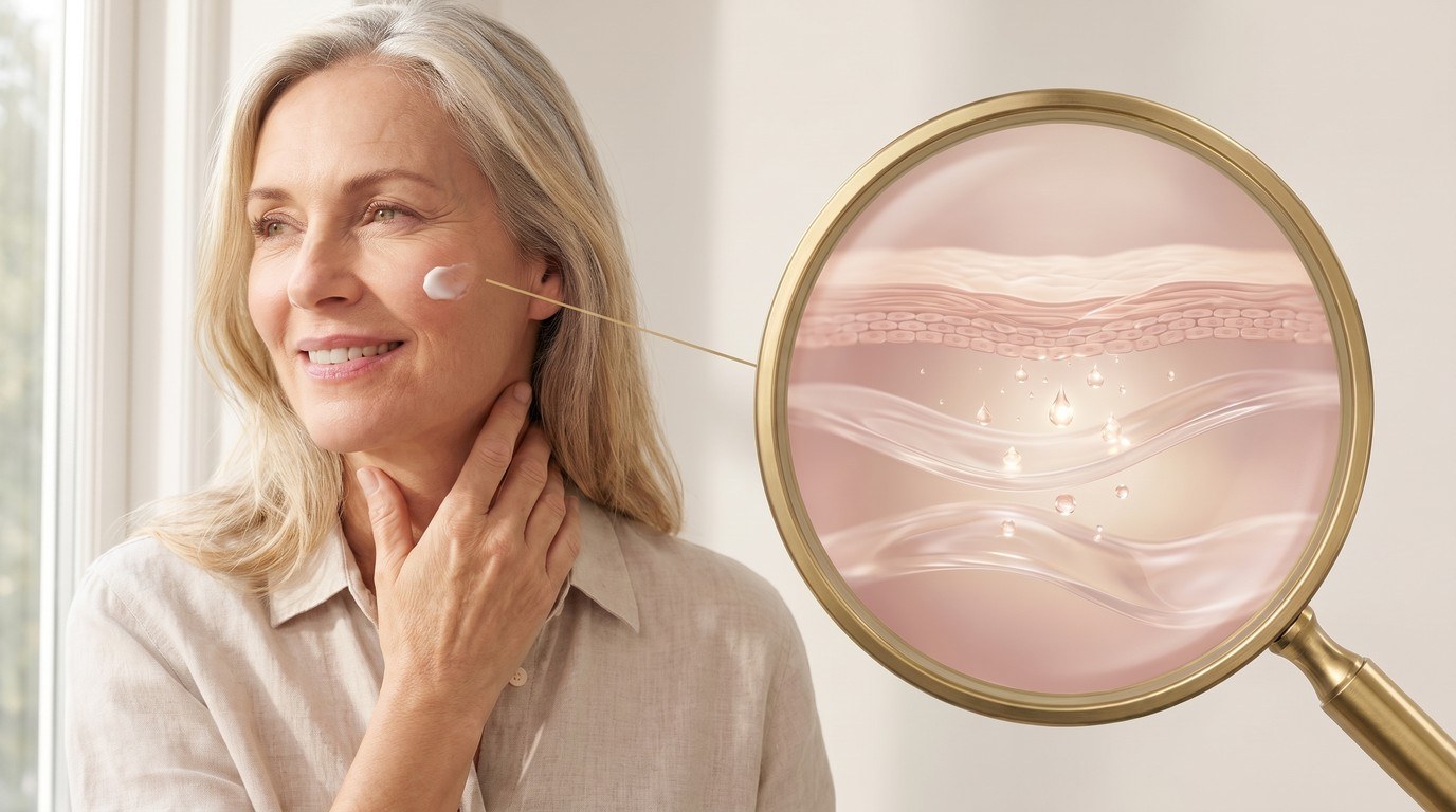 A woman applying face cream, with a magnifier inset showing cream absorbing below the skin's surface layers
