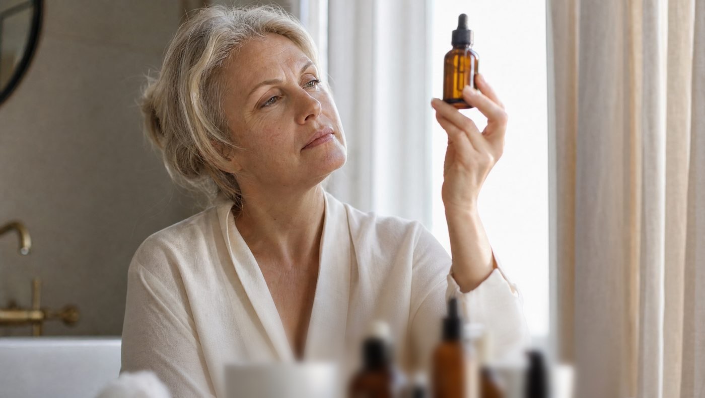 A woman in her fifties holding an amber dropper serum bottle up to the window light, examining its color
