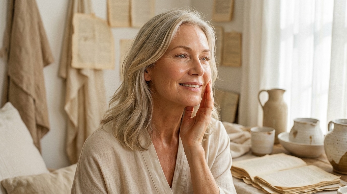 A radiant woman in her late fifties