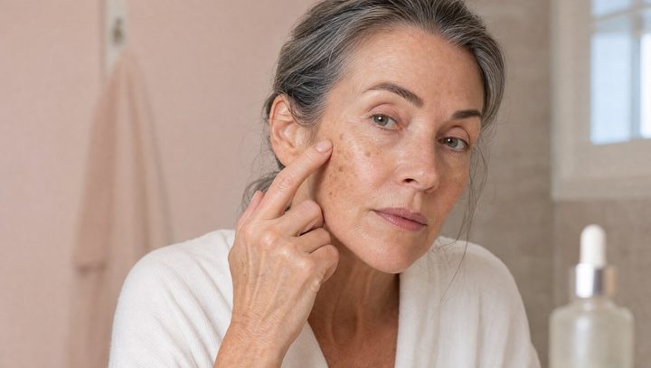A woman studying her skin tone in a hand mirror