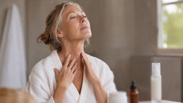 A woman examining the firmness of her neck